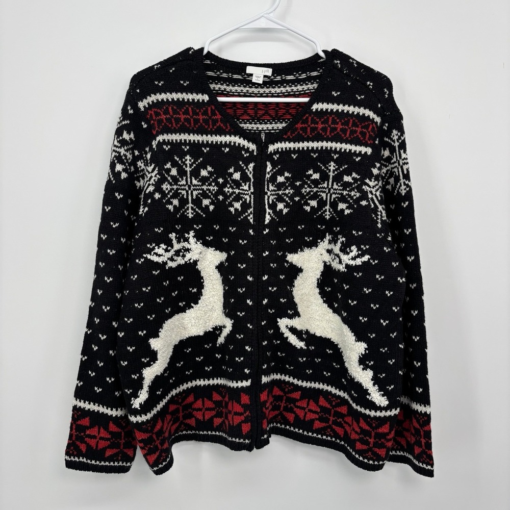 J.Jill Christmas Sweater Women's Large Petite Black White Red Reindeer Full Zip